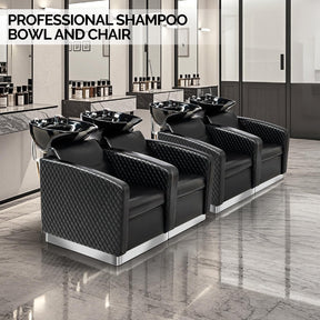 OmySalon BU1911 2-Seater Shampoo Bowl and Chair Backwash Unit with 2 Large Ceramic Sinks & Stainless Steel Base