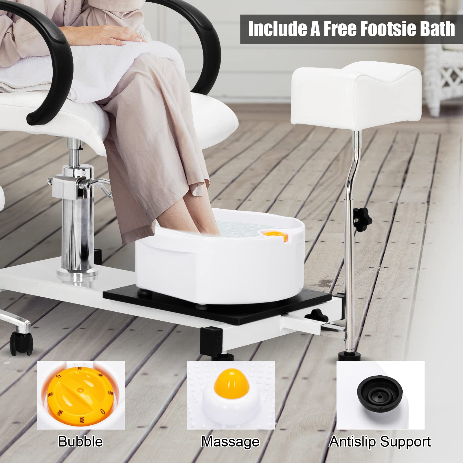 OmySalon PUS-01 Hydraulic Pedicure Chair with Adjustable Foot Rest & Bubble Massage Foot Bath & Rolling Stool