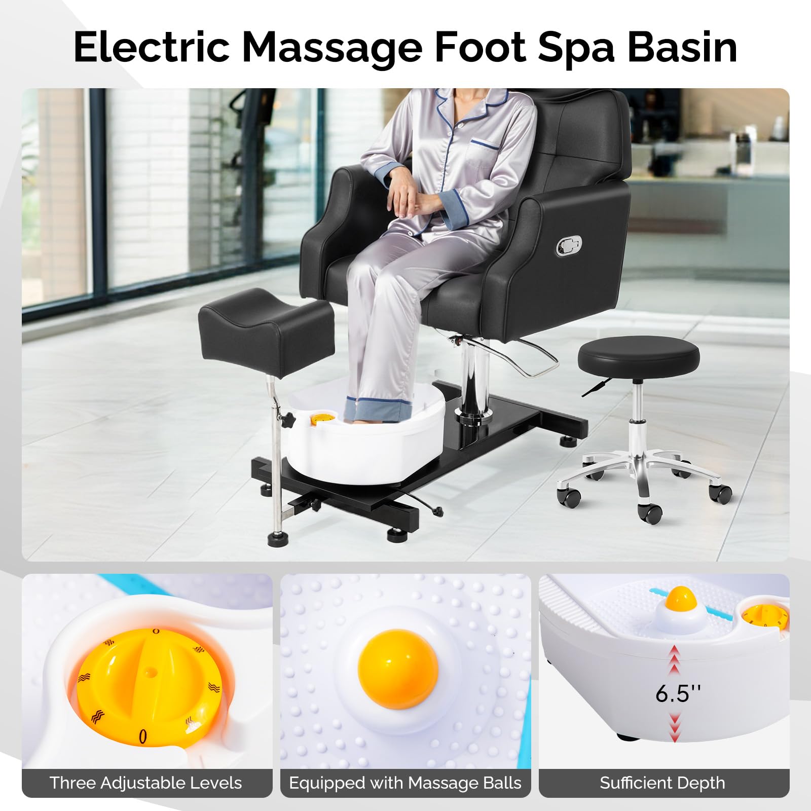 OmySalon PCM-WB 360° Rotation Hydraulic Pedicure Chair with Bubble Massage Foot Bath & Rolling Stool