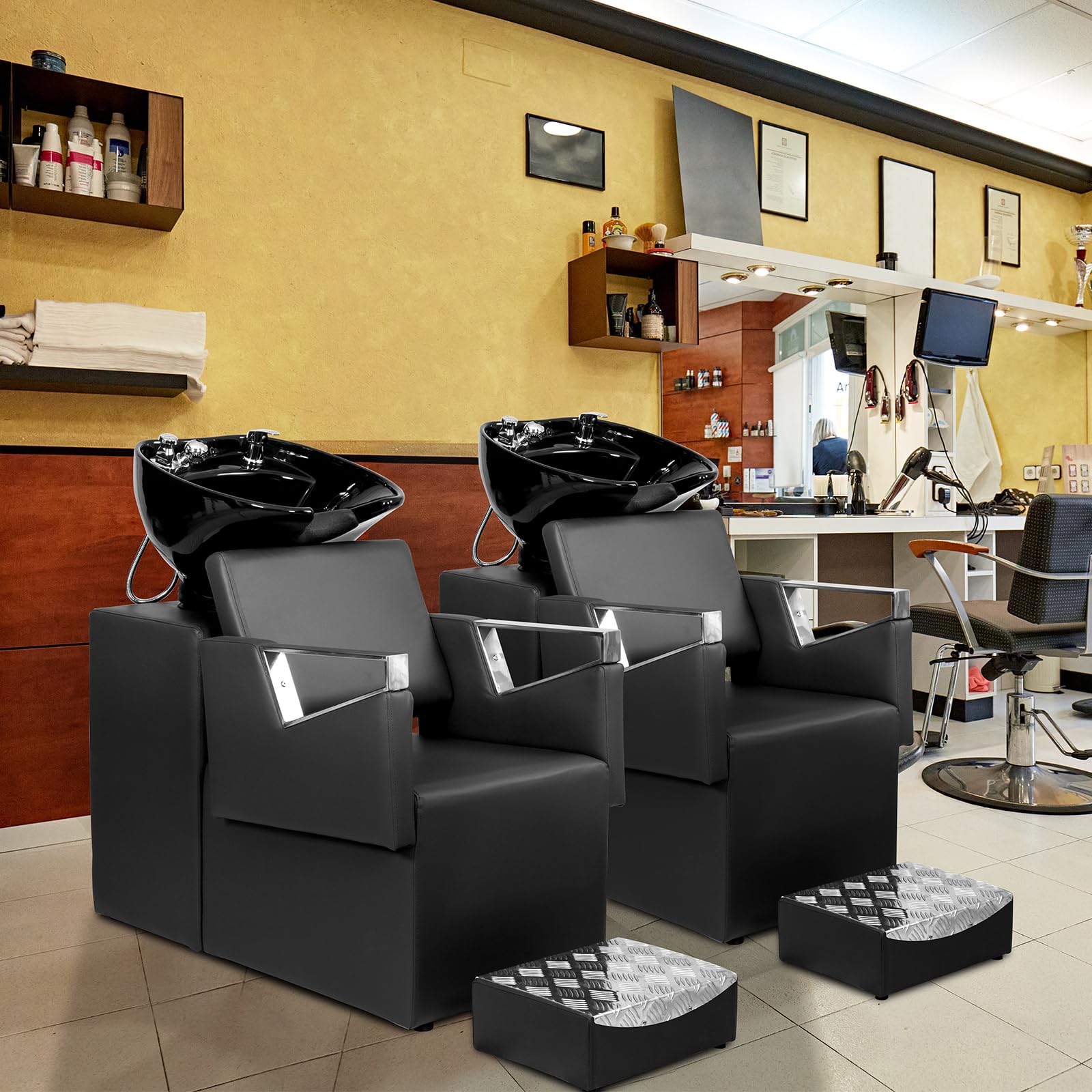 OmySalon BUPH711 Salon Shampoo Bowl and Chair Backwash Unit with Stainless Steel Armrest & Freestanding Ottoman