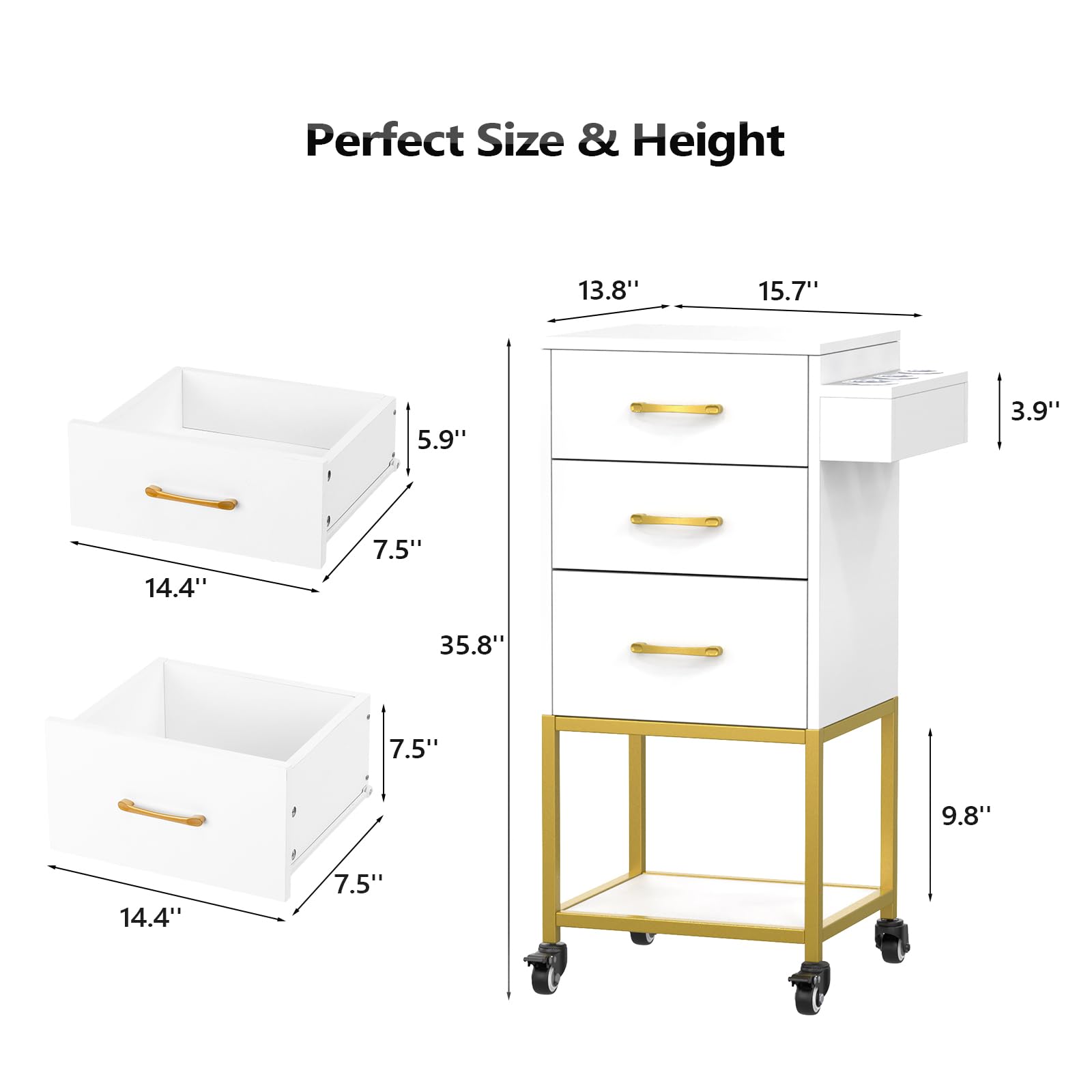 OmySalon ST-2501 Wooden Rolling Storage Trolley Cart w/Wheels & 3 Dreawers 1 Bottom Compartment Plate Hair Dryer Holders