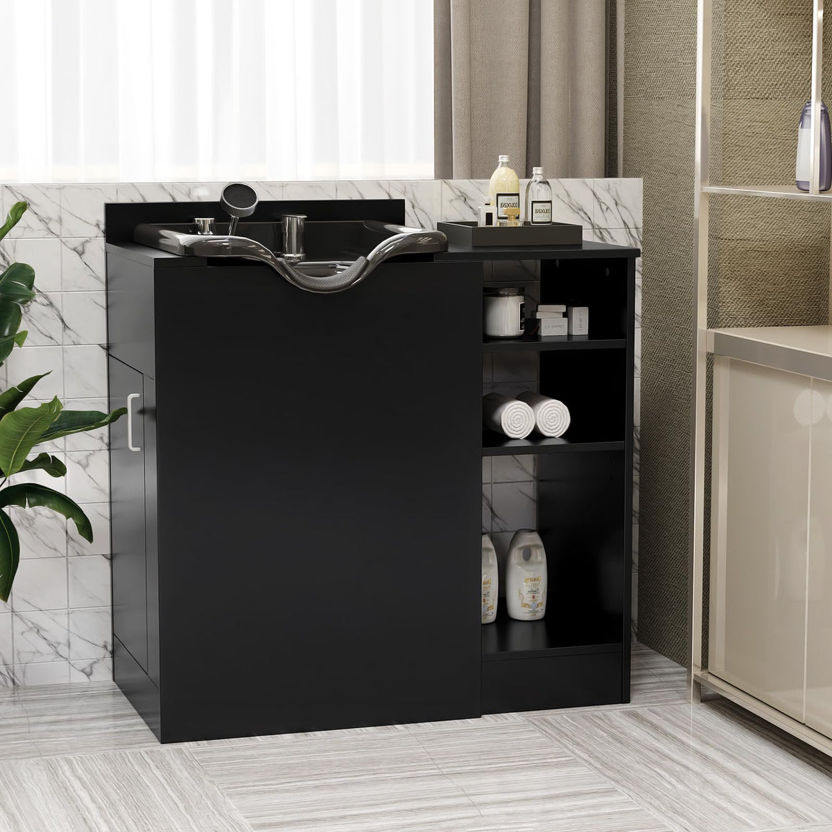 Omysalon HWCOC Salon Wet Cabinet Station with Shampoo Bowl & Adjustable Shelves & Sprayer Faucet