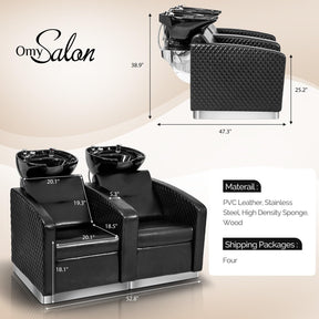 OmySalon BU1911 2-Seater Shampoo Bowl and Chair Backwash Unit with 2 Large Ceramic Sinks & Stainless Steel Base