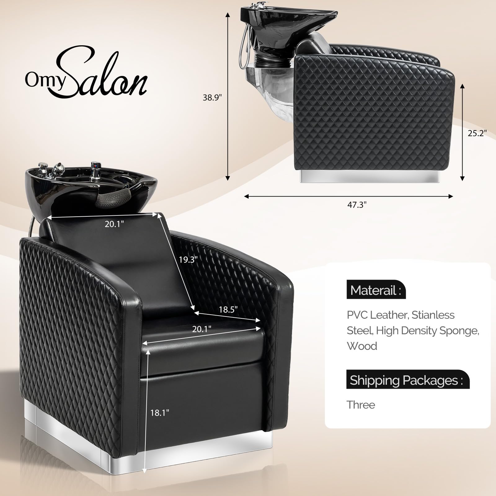 OmySalon BU1901 Salon Shampoo Bowl and Chair Backwash Unit with Large Ceramic Sink & Stainless Steel Base