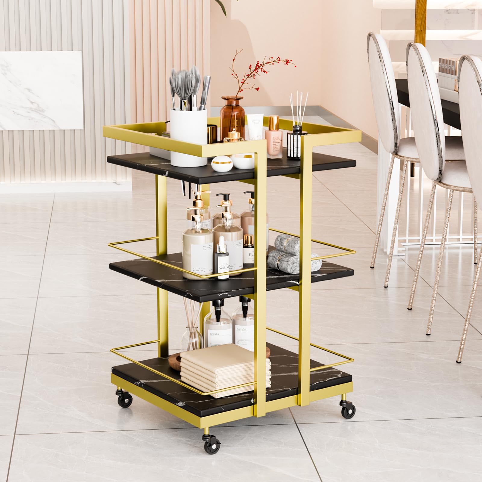 OmySalon ST1501 Rolling Esthetician Trolley Cart w/Wheels & 3 Wood Shelves