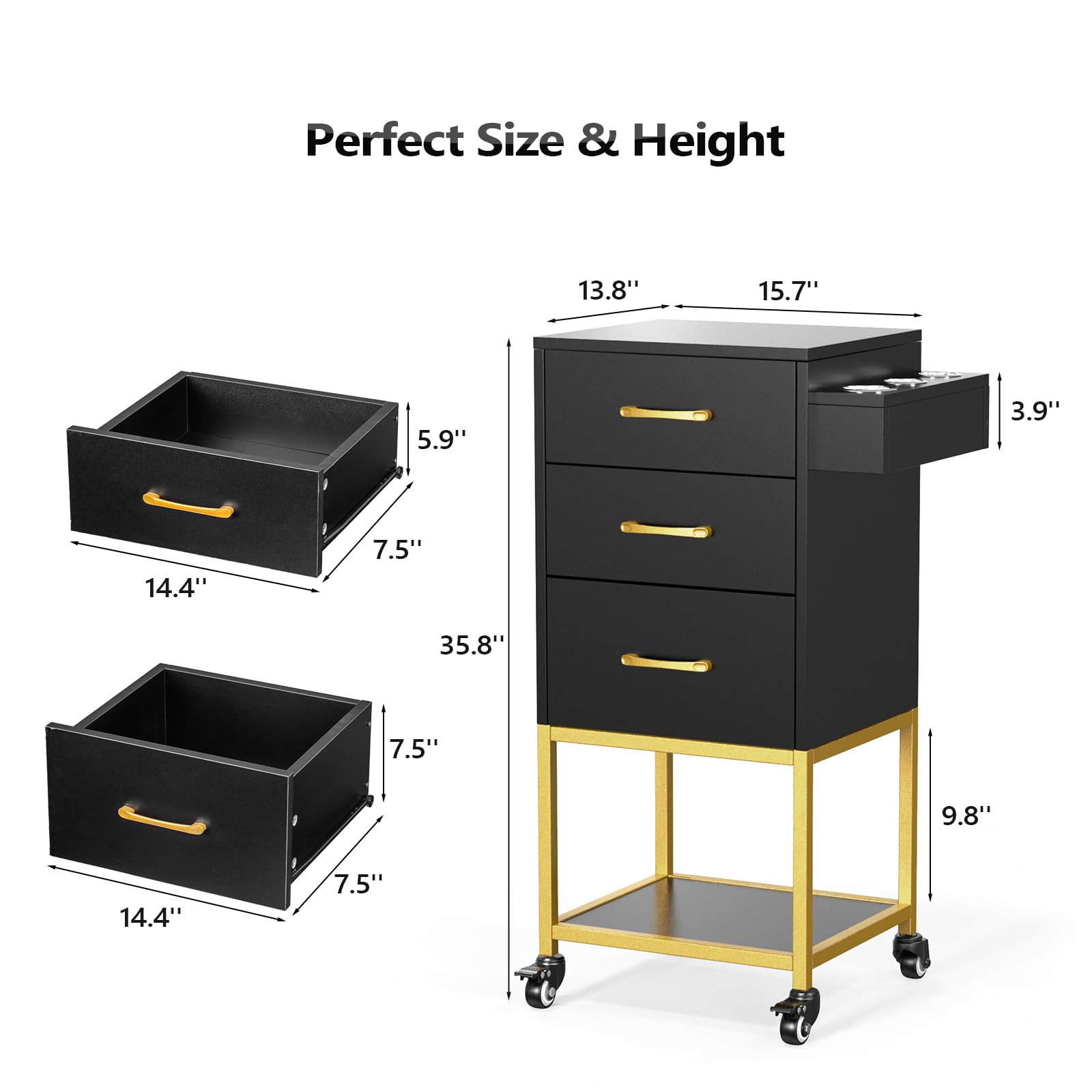 OmySalon ST-2501 Wooden Rolling Storage Trolley Cart w/Wheels & 3 Dreawers 1 Bottom Compartment Plate Hair Dryer Holders